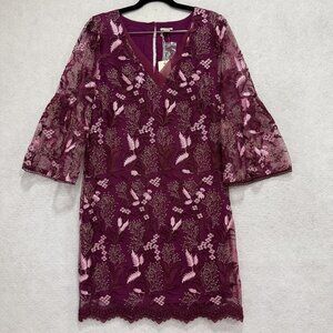 Sundance Dress Womens XS Purple Embroidered Floral Mesh Bell Sleeve Lined V Neck
